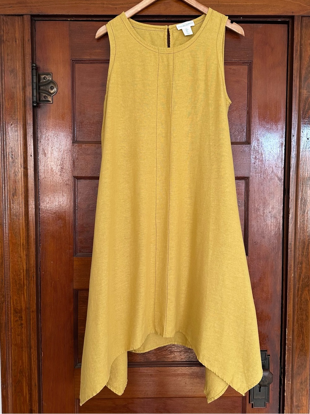 Cynthia Rowley Linen Blend Handkerchief Hem Trapeze Dress Large Mustard Yellow